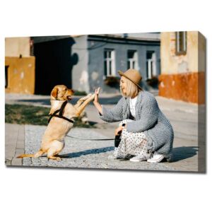 Photo canvas of a woman have a high five with her pet dog