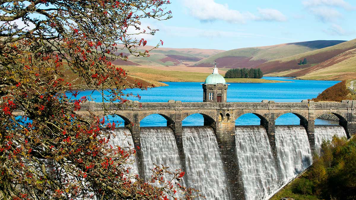 Picture of a reservoir in elan valley viewed with a Rowan tree in the foreground