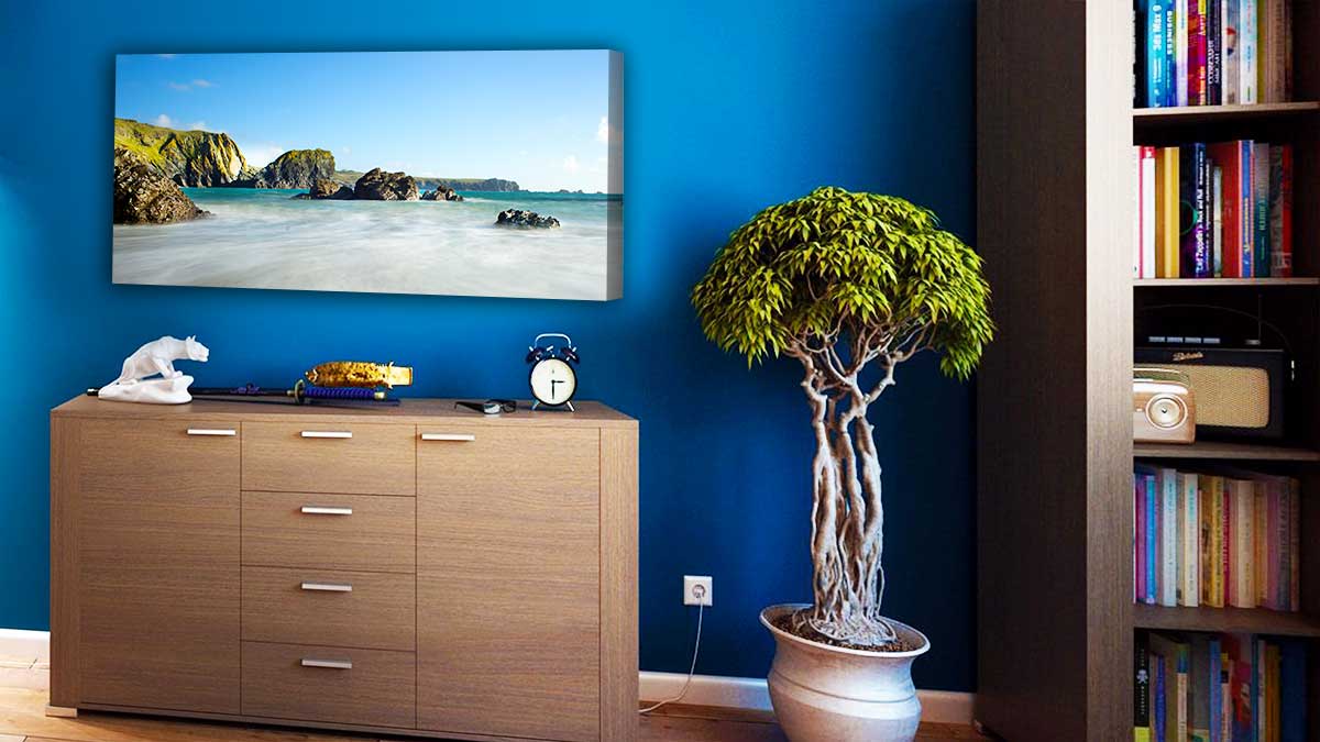 Dramatic Cornish seascape taken using a DSLR, printed onto canvas, then hung above a sideboard.
