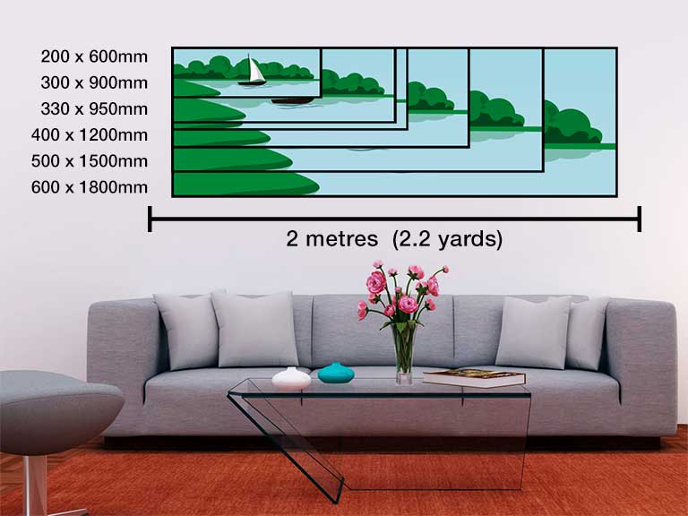 Diagram showing a panoramic boat picture on a sitting room wall