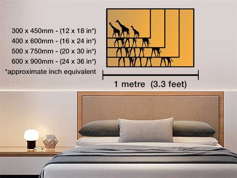 Photo of a giraffe printed on a poster hung above a bed