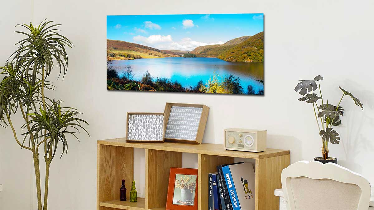 Floral landscape printed onto a panoramic poster and hung above a bookcase