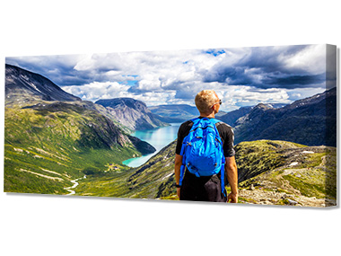 Panoramic canvas depicting a landscape photo taken from a hill top