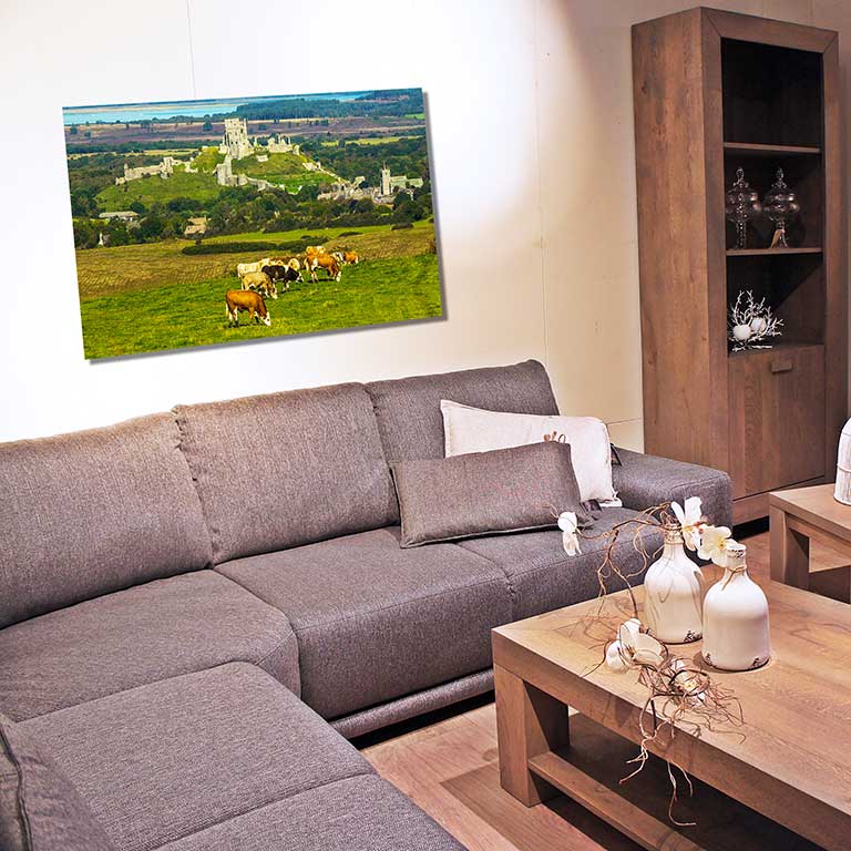 Picture of an ancient castle with cows in the foreground hanging on a wall in a comfortable sitting room