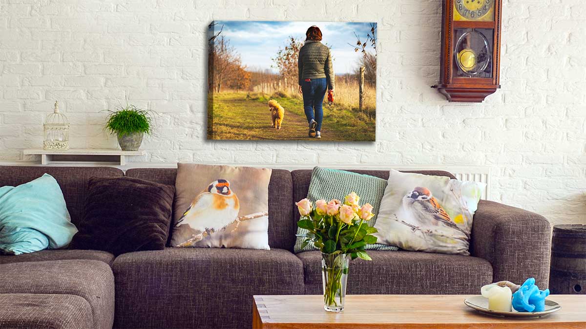 Canvas print with a picture of a woman walking her dog in the countryside, hanging over a comfy sofa in a rural cottage sitting room