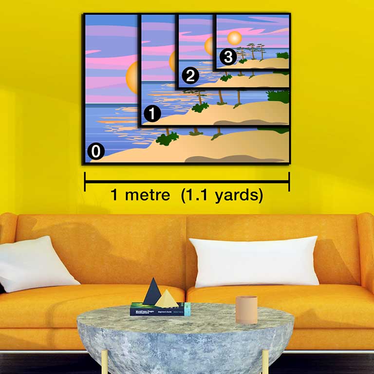 Bright orange settee with canvas prints on the yellow wall behind