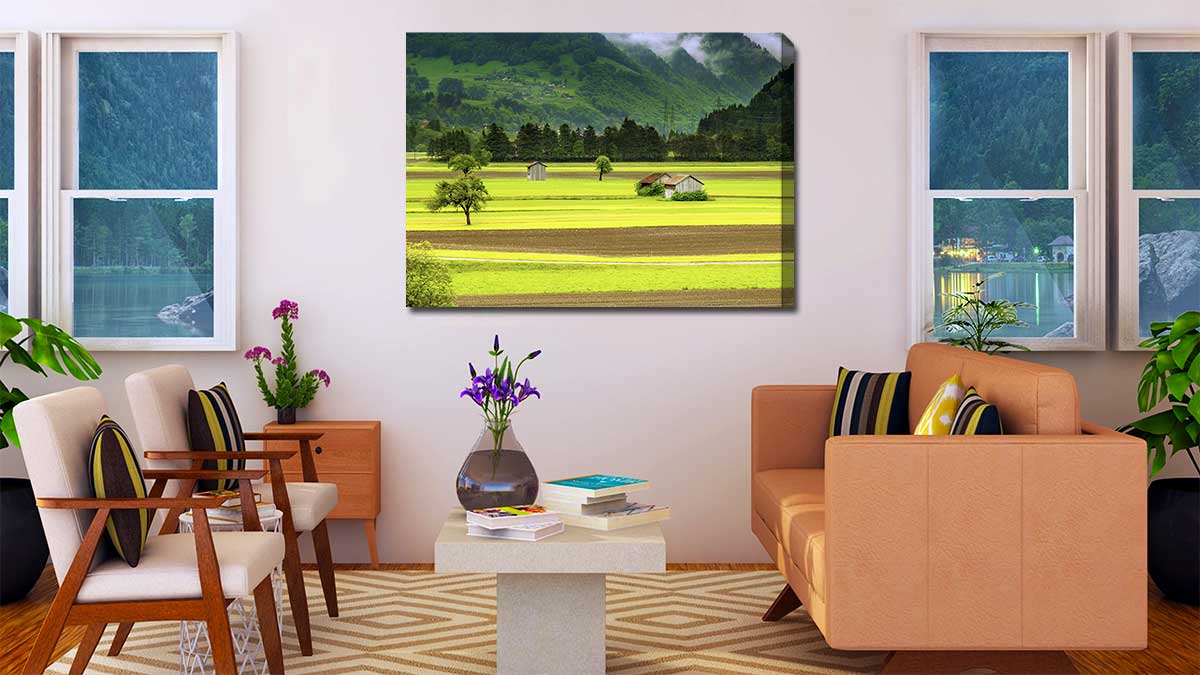 Holiday photo of paddy fields printed on canvas and hung on a wall between two windows