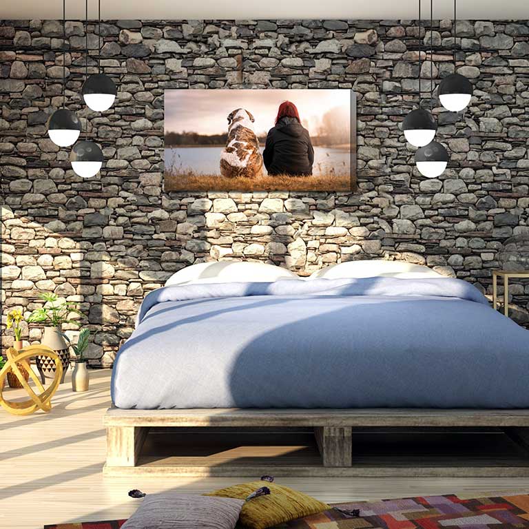 Bedroom wall with a canvas featuring a woman and her dog