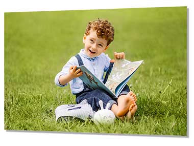 Poster print of a young boy sitting on the grass reading a book