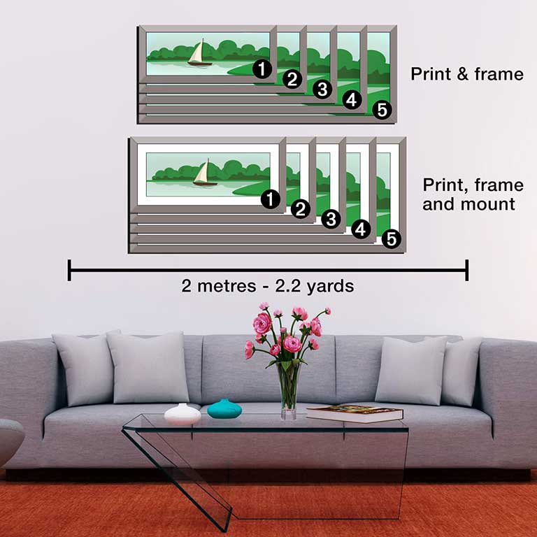 Panoramic photo framing of sailboat in sitting room