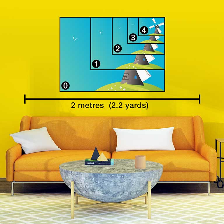 Picture showing A size posters over a settee with measurements