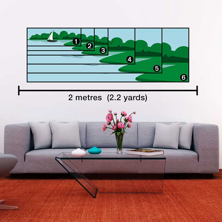 Diagram showing a panoramic boat picture on a sitting room wall